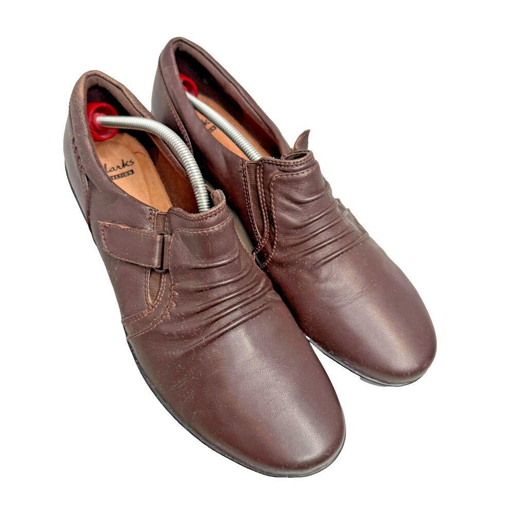 Clarks Collection Brown Leather Ruched Slip On Loafers Cushion Soft Women Sz 8W